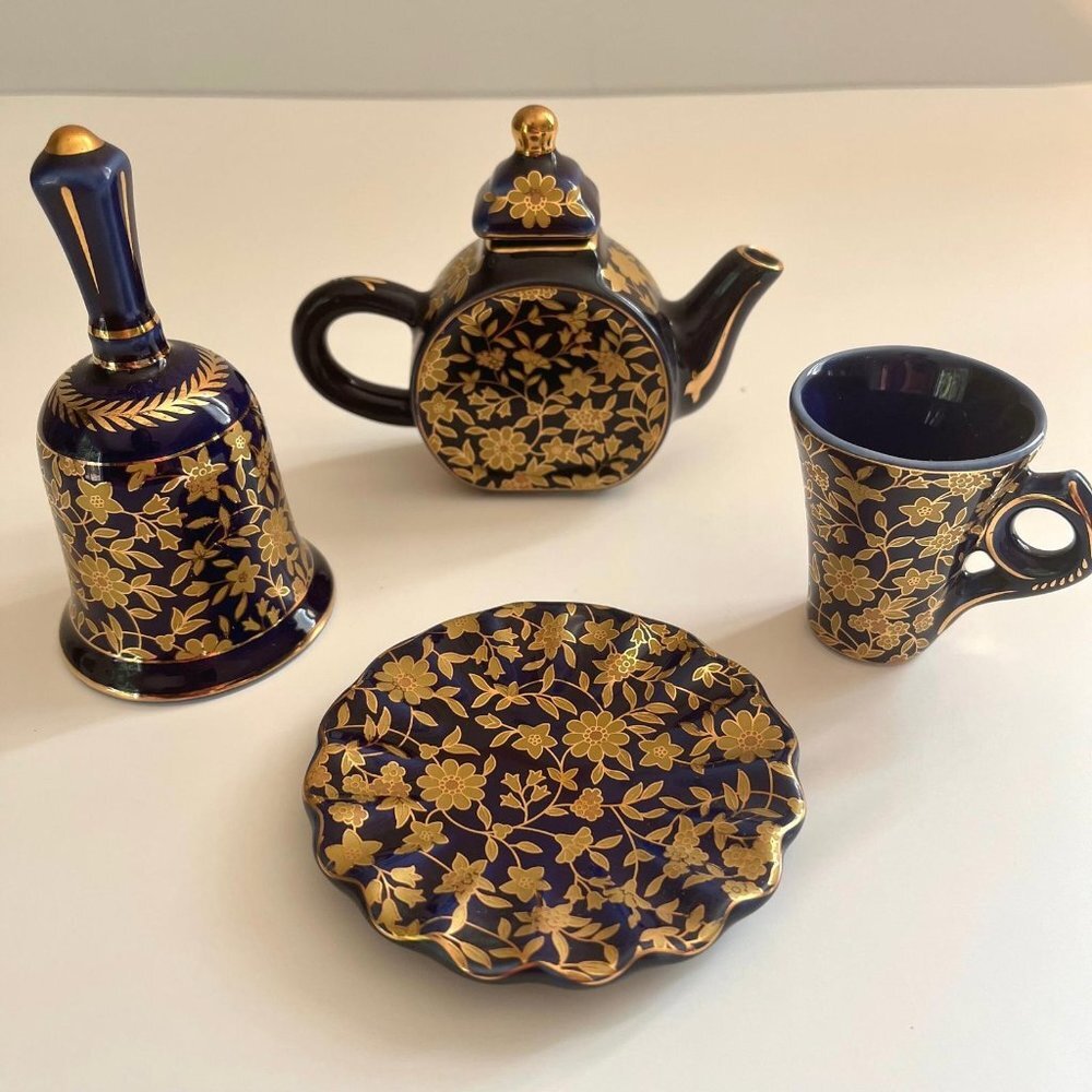 Vintage Miniature Tea Set - Teapot, Cup, Plate, and Bell - Dark Blue and Gold